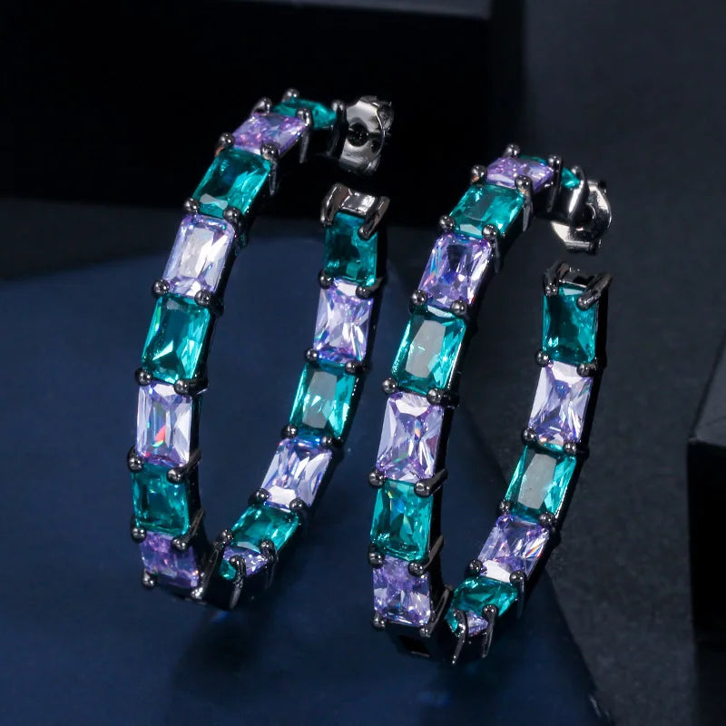 Luxury Designer Brazilian Black Gold Plated Bamboo Big Circle Round Blue CZ Crystal Hoop Earrings Jewelry for Women