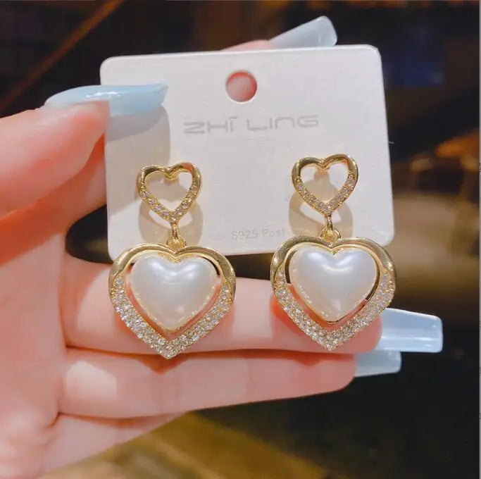 New Korean Heart Pearl Gold Drop Earrings for Women Sweet Flower Zircon Geometric Crystal Stud Earring Girl Party Jewelry