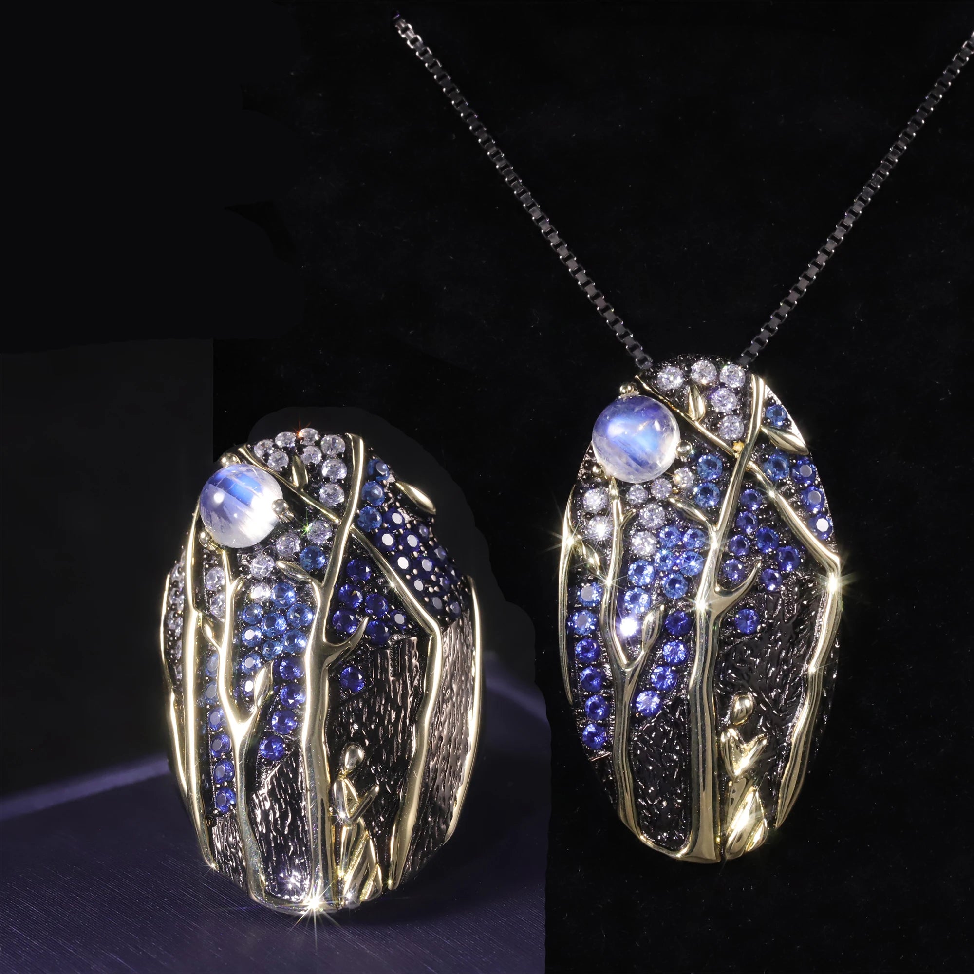 C8206 Abiding Vintage Stylish Moon Forest Ring Natural Moonstone Cz 925 Silver Creative Charm Pendant Necklace Ring Jewelry Set