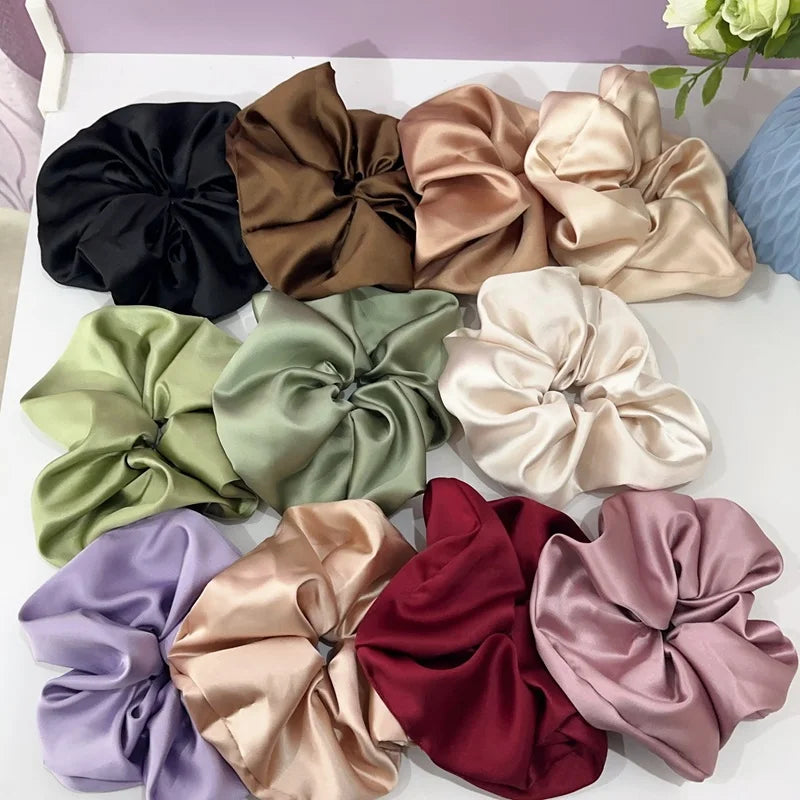 Wholesale 18cm XXL Jumbo Brown Satin Hair Scrunchies Custom Logo Polyester Scrunchie with Tag for Girls