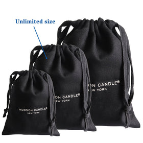 Custom Private Black Cotton Linen Canvas Drawstring Bag with White Printed logo for Handbag Hat Cap Shoe Packaging Dust Pouch