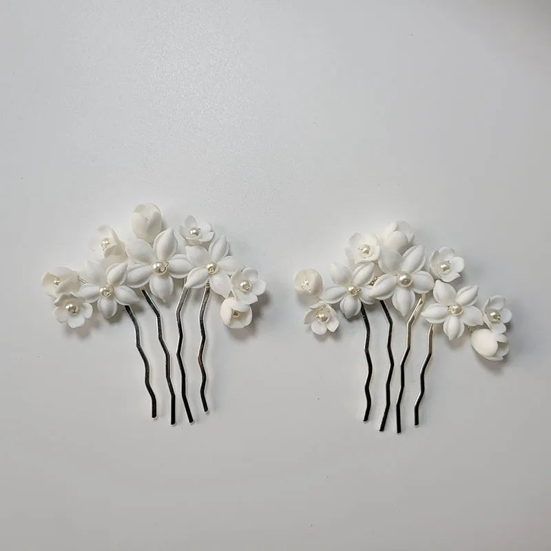 SLBRIDAL Handmade Crystal Rhinestones Pearls Ceramic Flower Bridal Hair Comb Hair Pins Wedding Hair Accessories Women Jewelry