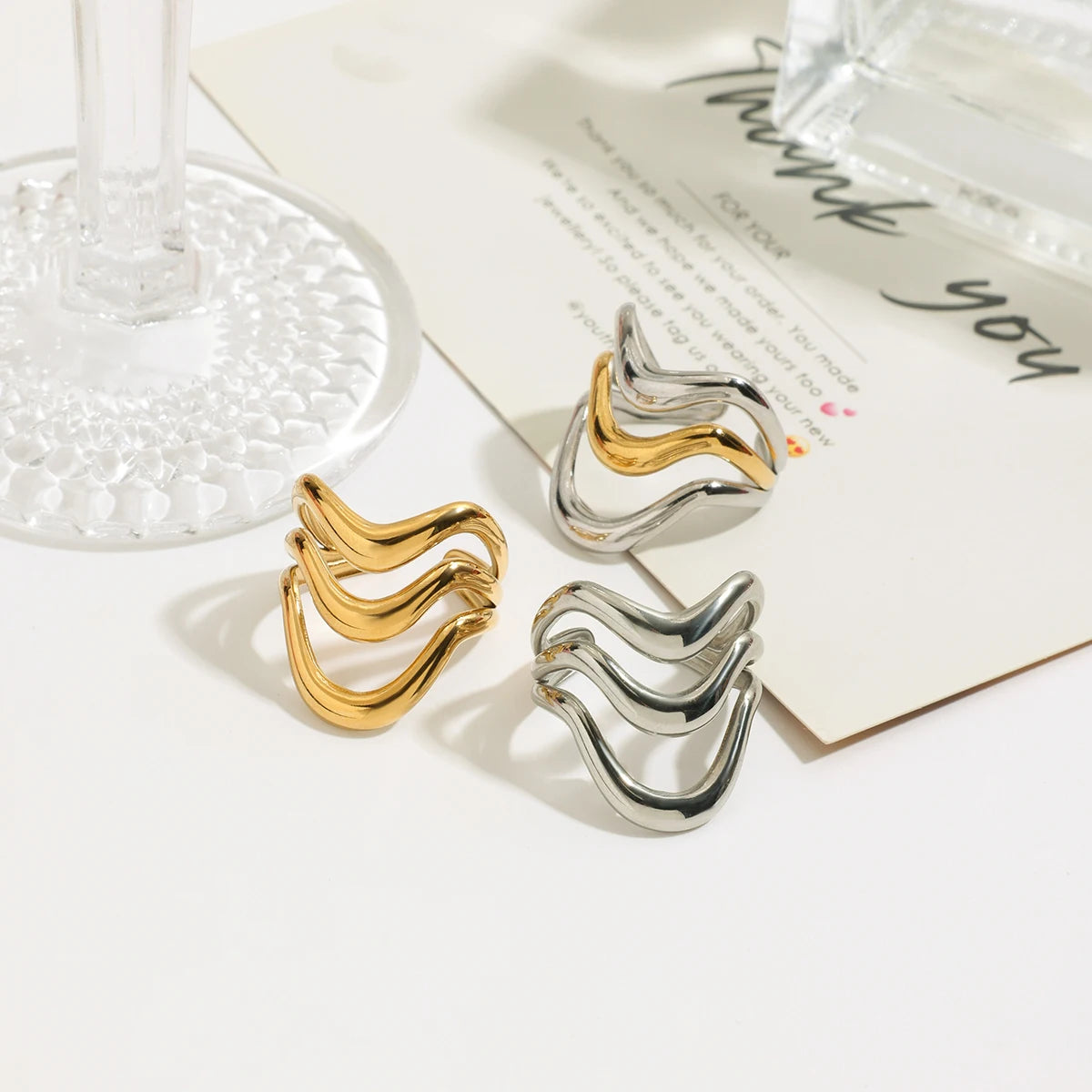 J&D 18k Gold Stainless Steel Adjustable Ripple Wave Cutout Open Ring Trendy Irregular Hollowed Minimalist Style