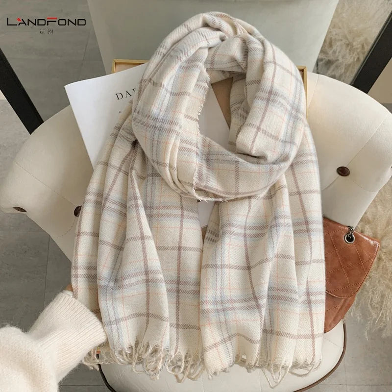 Landfond Accessory Winter/autumn Cashmere Feel Check Jacquard Woven Scarf Warm Tassel Scarf