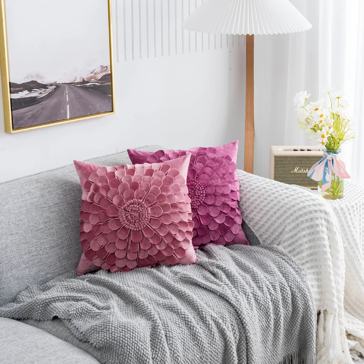 Luxury New Design Elegant 3D Flower Cushion Covers Pink Flower Velvet  Pillowcases for Wedding Home Decoration