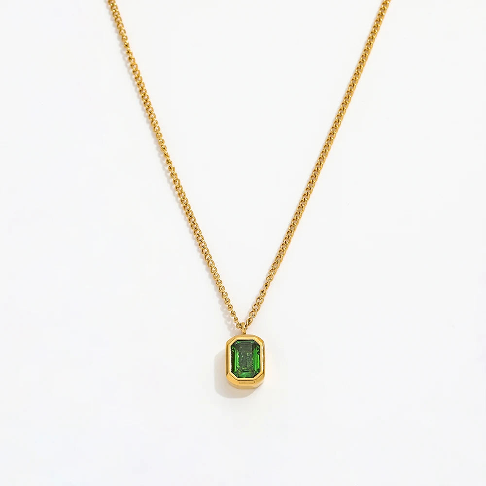 Joolim Jewelry 18K Gold Plated Green Zirconia Pendant Necklace Curb Chain Necklace Trendy Stainless Steel
