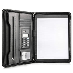 Customized Zipper PU Business Padfolio Organizer Presentation Slot Solar Calculator Card Storage Folder A4 Portfolio