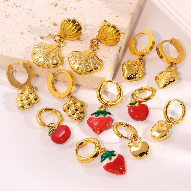 JUSNOVA Popular 18k Gold Plated Stainless Steel Fruit Drop Earrings Embossed Cubic Zircon Fashion Jewelry Gift for Women