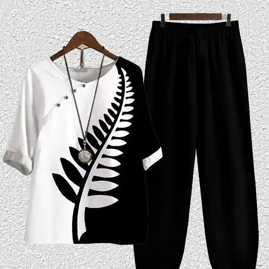 S-5XL Two Piece Set of Printed Top and Pants With 5/4 Sleeves European and American Fashion Set New Women's Wear
