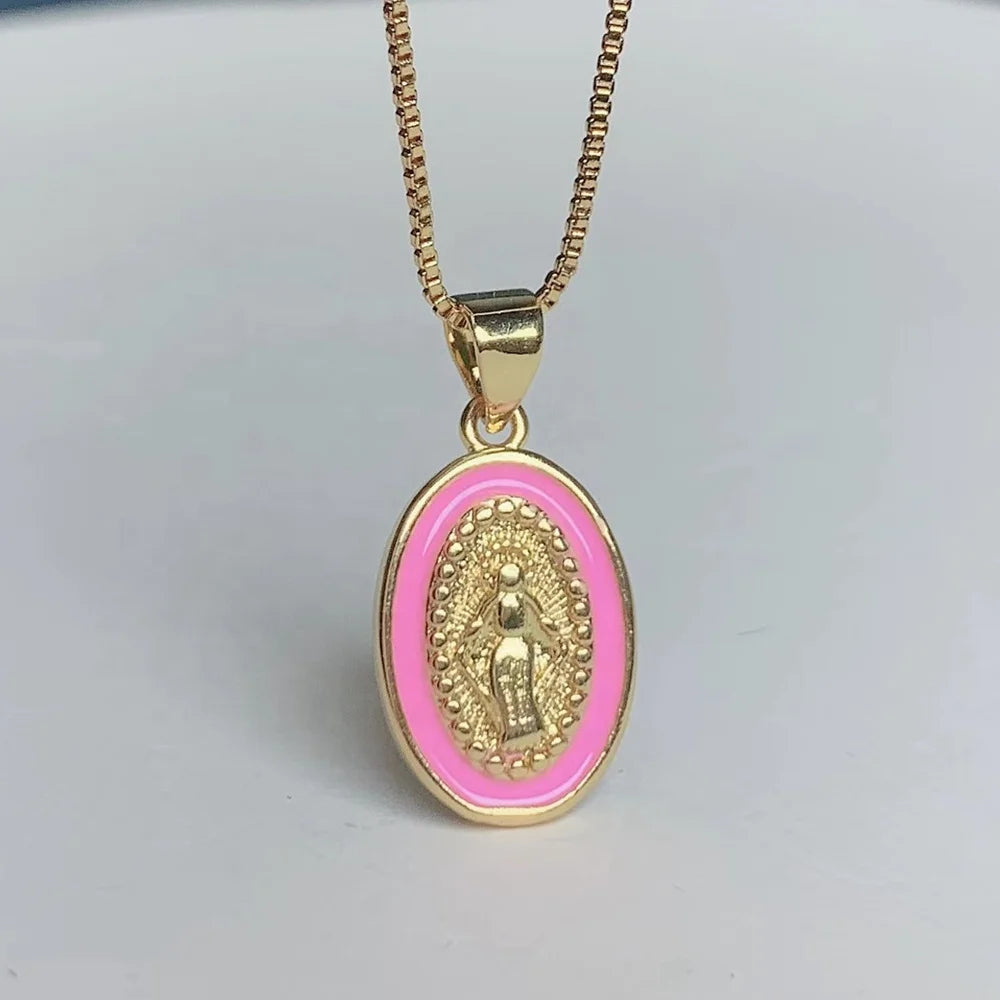 Holy Virgin Mary Necklace Women 2021 Box Chain Enamel Religion Oval Pendant for Girl Gifts Jewelry
