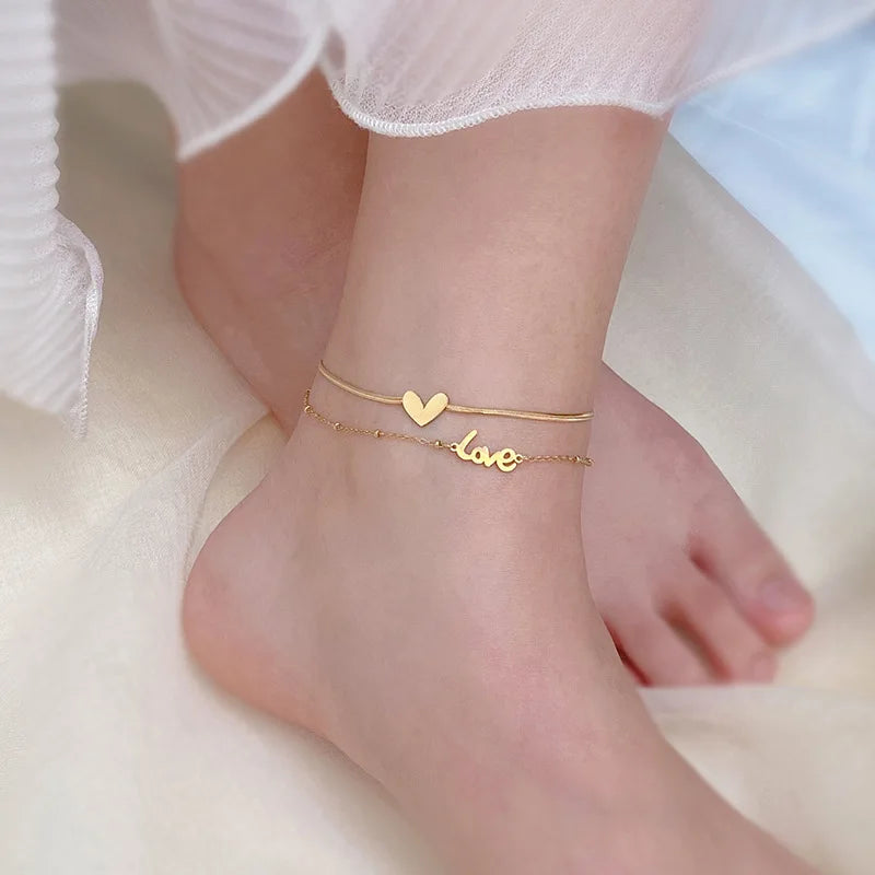 HOVANCI  Anklets Stainless Steel Foot Jewelry 6 Heart Beat 18k Gold Letter Stainless Steel Anklet Chain Women