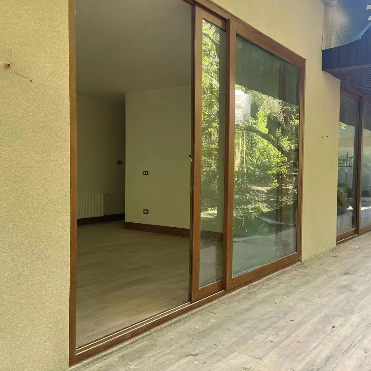 Wood Grain Color Plastic Double Glazed UPVC PVC Lowes Sliding Glass Door for Patio