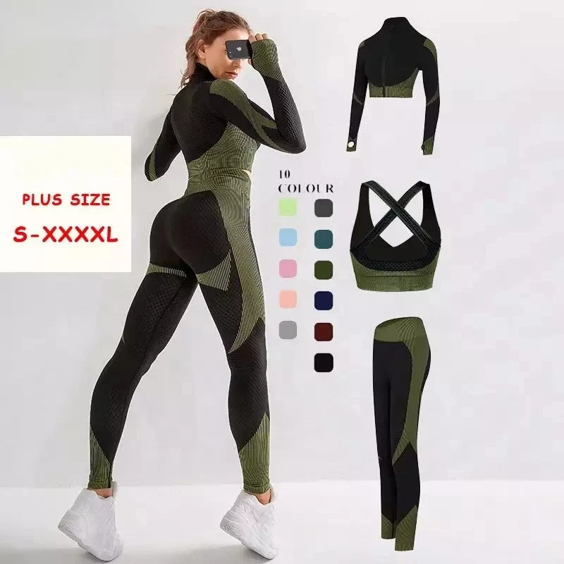 3 Pcs Ropa Deportiva Ladies Workout Clothing Gym Sports Seamless Fitness Yoga Active Wear Plus Size Women Yoga Set With Jacket