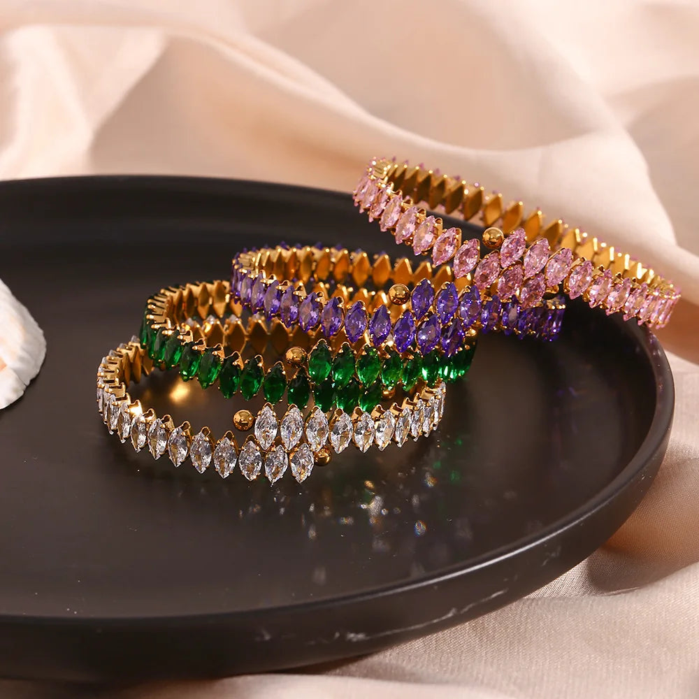 Luxury Circle Open Plain Cuff Bangles Inlay Full Shiny Zircon Round 18K Gold Plated Stainless Steel Adjustable Bangles