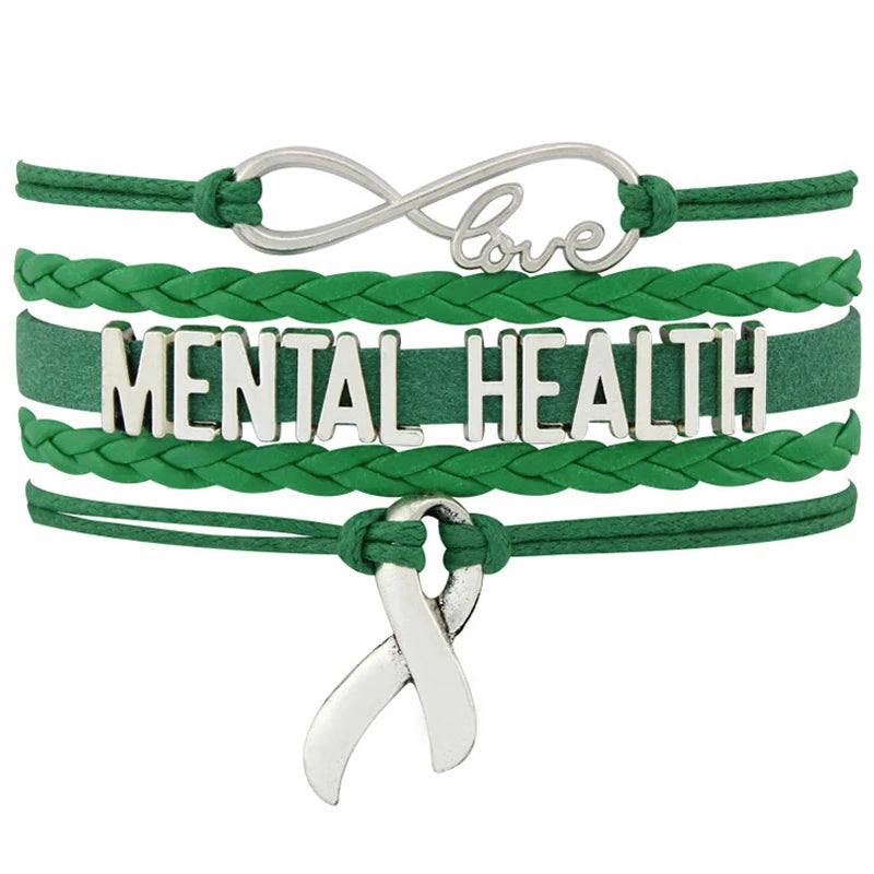 Be Brave Cure Beat Awareness Fighter Survivor Love Faith Believe Hope Mom Green Mental Health Awareness Ribbon Leather Bracelets