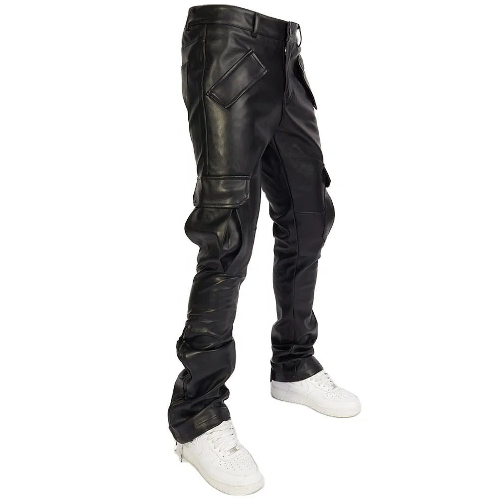 KY Men's New Faux Leather Stacked Flared Bell Bottom Pants Custom Y2K Motorcycle Hip Hop Style with Mid Waist Casual