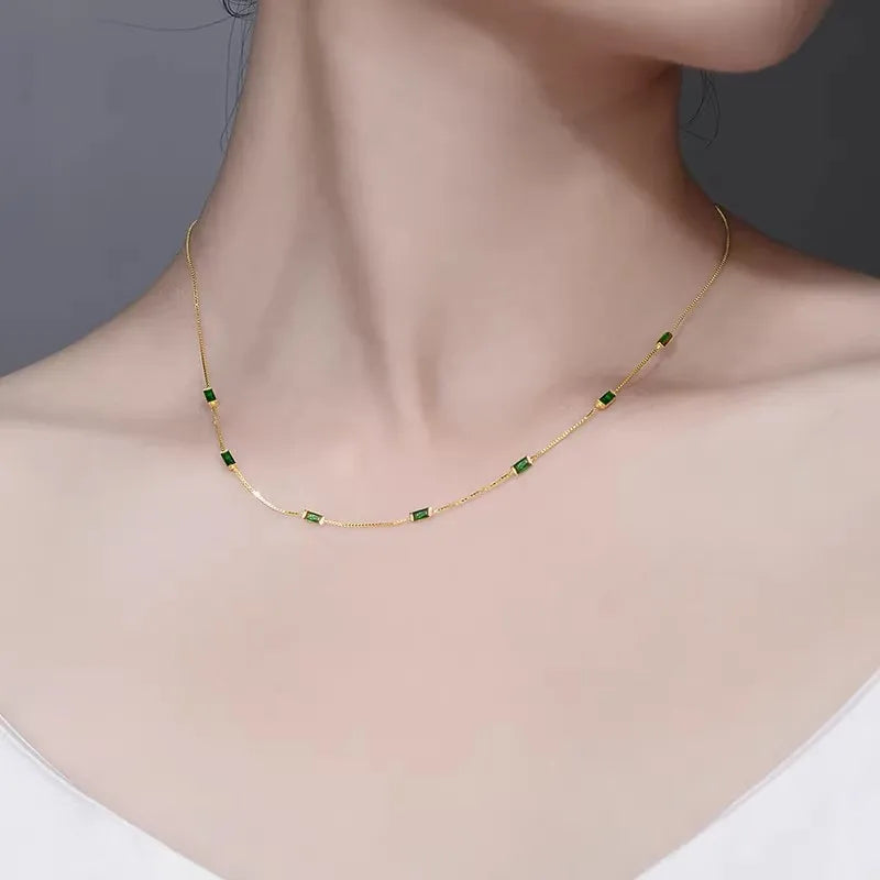 Luxury Vintage Gold Plated Square Emerald Diamond Necklace Metal Cubic Zirconia Choker Necklace