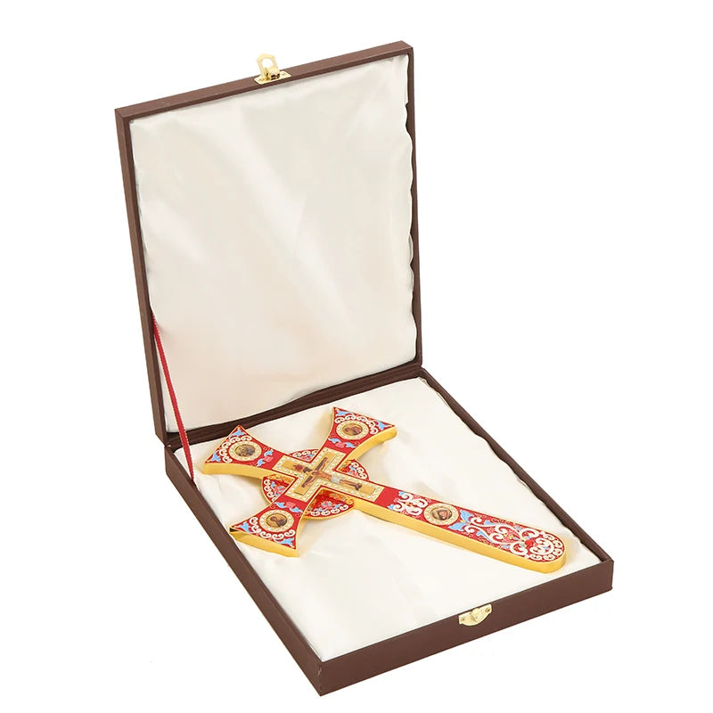 HT Orthodox Blessing Cross Orthodox Crucifix Byzantium Cross with Base Gold Plated Orthodox Gift with Box Home Church Decoration