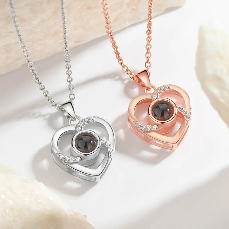 One Hundred Languages Projection Stone Pendant Necklace I Love You Hollow Heart Projection Stone Necklace Gifts for Women