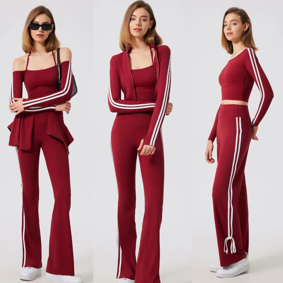 Women's Activewear Workout Clothing Yoga Top Full Zip Jackets Blocking Stripe Yoga Flared Leggings Two Pieces Tracksuit Yoga Set