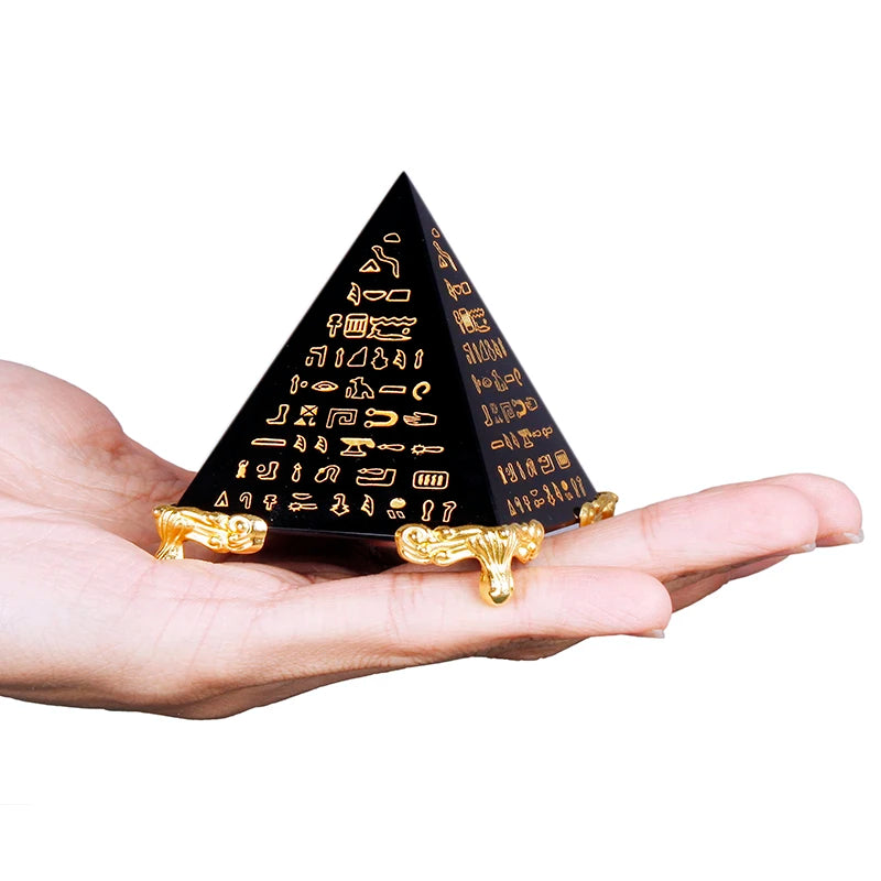 Beautiful Crystal Black Pyramid Laser Etched With Egyptian Hieroglyphics Black Obsidian Pyramid Figurine