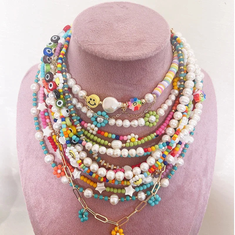 Boho Style Beaded Handmade Pearl Necklace Woman's Unique Fashion Jewelry  Party Holiday Summer Beach WearingGift for Her S33