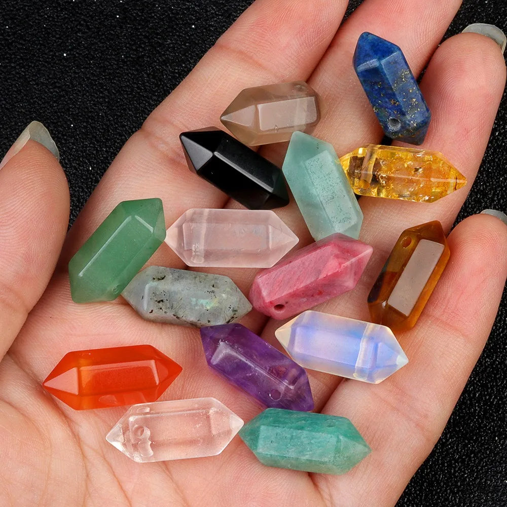 8X20mm Large Hole Hexagonal Column Natural Stone Quartz Crystal Double Pointed Hexagonal Pendant for Necklace DIY Making