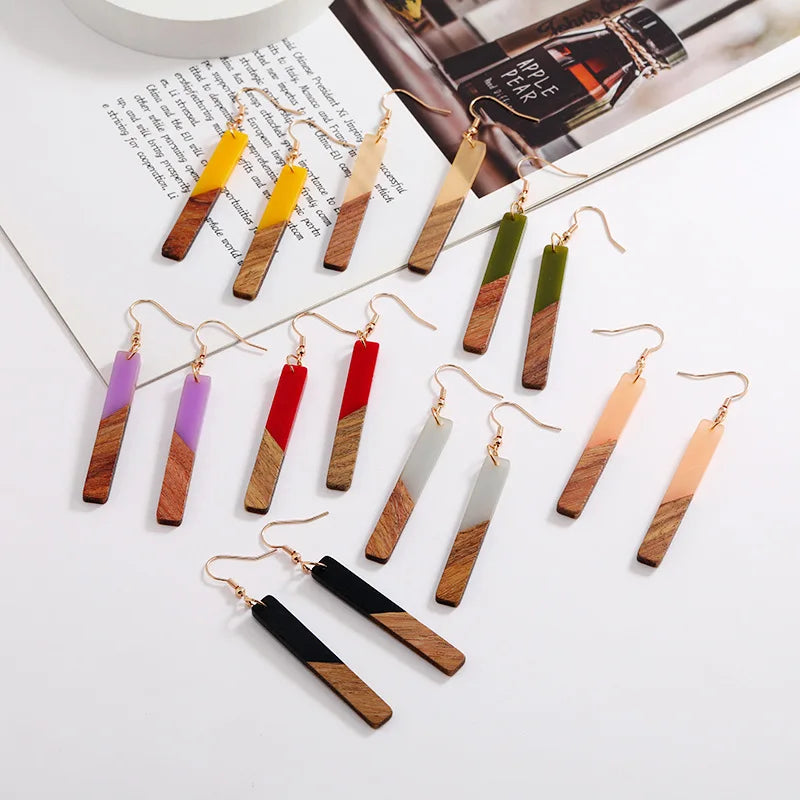 Wooden Resin Geometric Bar Drop Dangle Layered Earrings for Women Girls Polymer Clay Lightweight Statement Jewelry