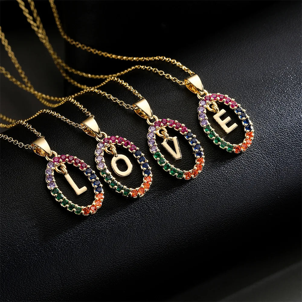 Wholesale Personalized Shiny Brass 18K Gold Plated Cubic Zircon Initial Word 26 Letter CZ Alphabet Pendant Necklace for Women