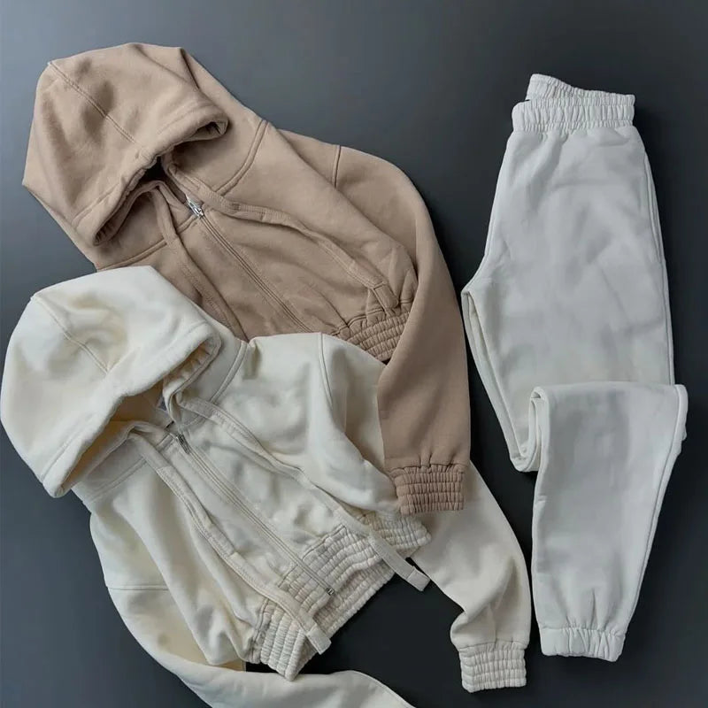Custom Logo Tracksuit Heavy Weight Organic Cotton Fleece Women Sweatpants and Hoodie Set Cropped Hoodie and Jogger Pants