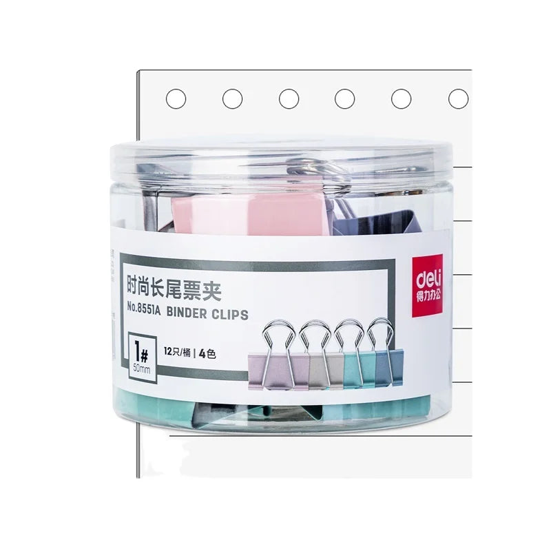 Deli 8551A 12pcs/barrel 50mm Macaroon Color Binder Clips Metal Learning Office Folder 48barrel*12pcs=576pcs Per Carton Set