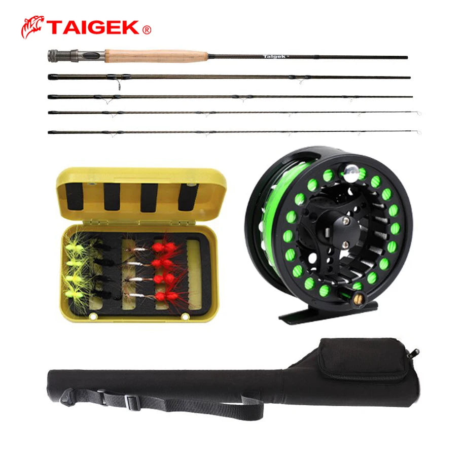 TAIGEK 2.43m High Performance 4-Piece Carbon Fly Fishing Rod Combo Set with Reel Accessories for Lake & Stream