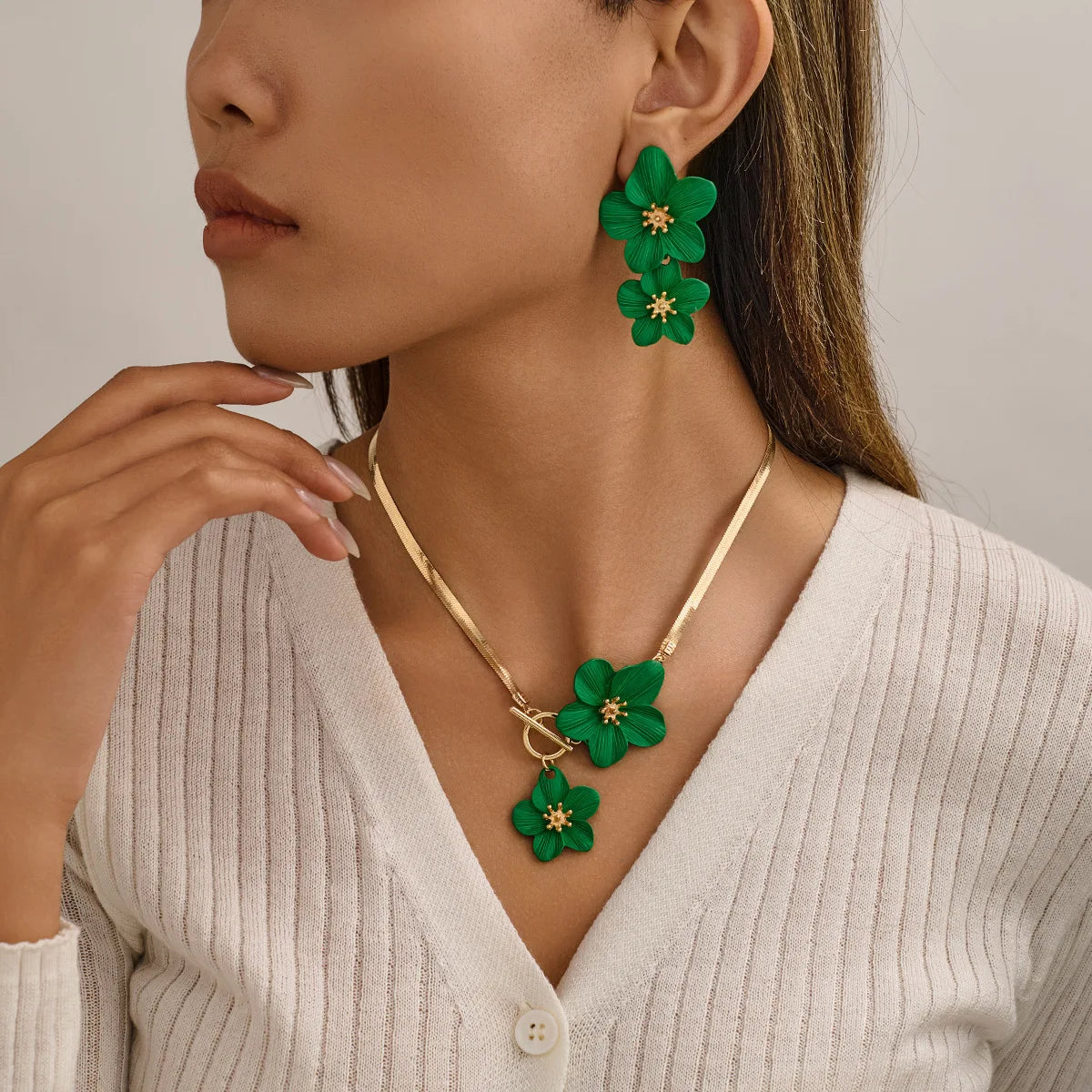 Summer Vacation Everyday Gold Plated Necklace Earrings Temperament Multi-color Spray Paint Flowers Jewelry Set Gifts for Women