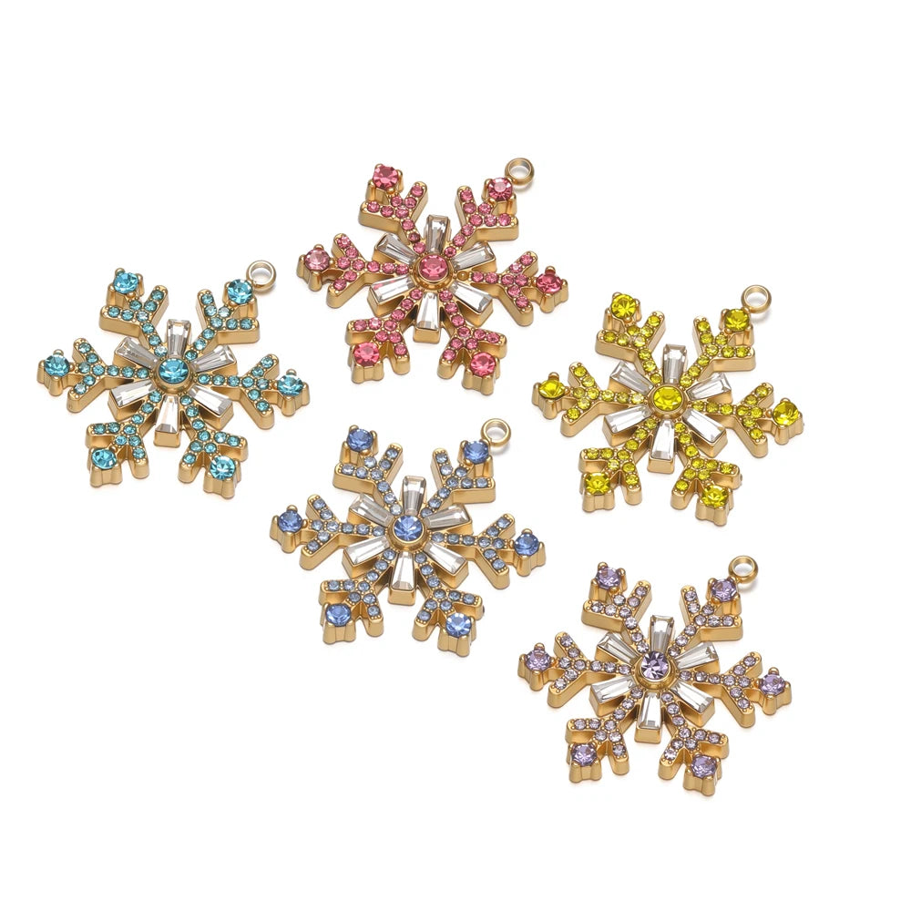 Wholesale Luxury Stainless Steel Snowflake Charms 18k Gold Plated Rhinestone Snowflakes Pendants for DIY Jewelry Making Supplies