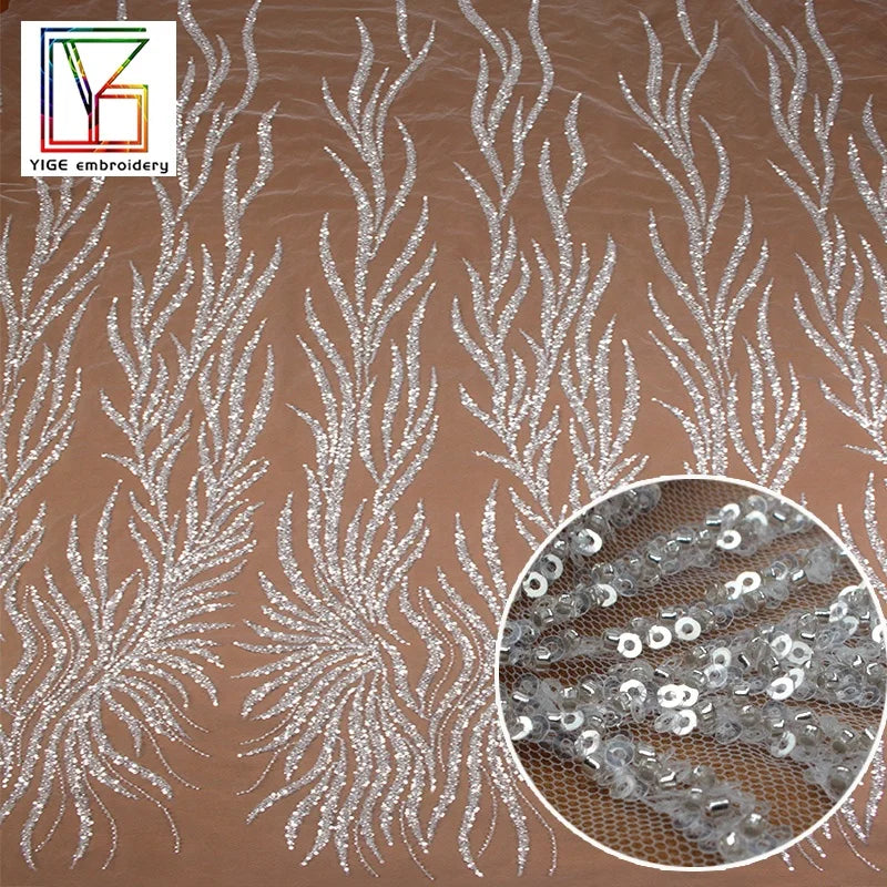New French White Beaded Sequins Tulle Dress Embroidery Bead Lace Fabric Wedding Bridal Lace Fabric