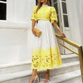 OUDINA Fashionable Exquisite Elegant Embroidery Hollow Round Neck Short Sleeve Top High Waist Women Two Piece Skirt Set