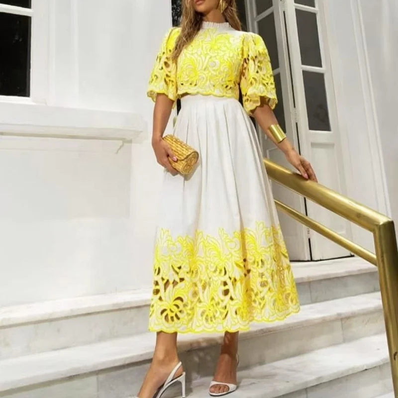 OUDINA Fashionable Exquisite Elegant Embroidery Hollow Round Neck Short Sleeve Top High Waist Women Two Piece Skirt Set