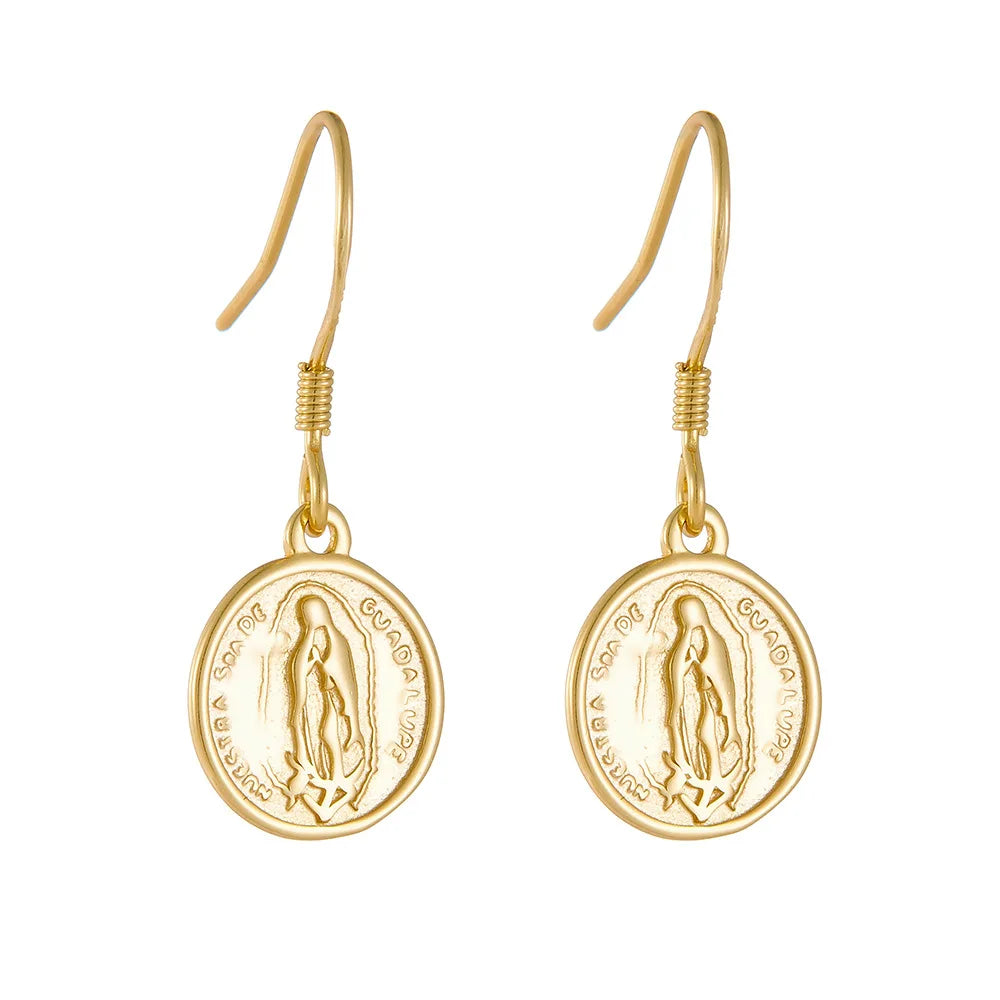 Classic Retro Circle Coin Earrings 925 Sterling Silver Gold Plated Round Plate Virgin Mary Embossed Portrait Drop Earrings