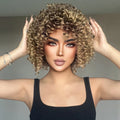 In-stock MOQ1 Short Kinky Curly Bomb Synthetic Heat Resistant Wigs Golden Brown Deep Curly Wig with Bangs for Black Women