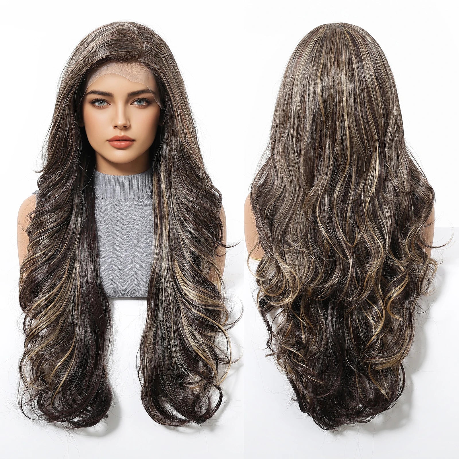 Free Style 13x6 Lace Wig Future Fiber Synthetic Natural Wavy Curly Wig Real Photo High Density Black Yellow Mixed Stripe Wig