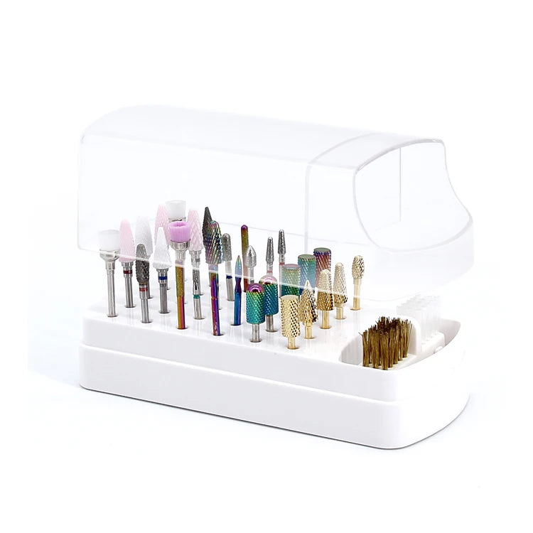 30 Holes Nail Drill Bit Holder with 2 Types of Cleaning Brushes Nail Drill Burr Storage Box