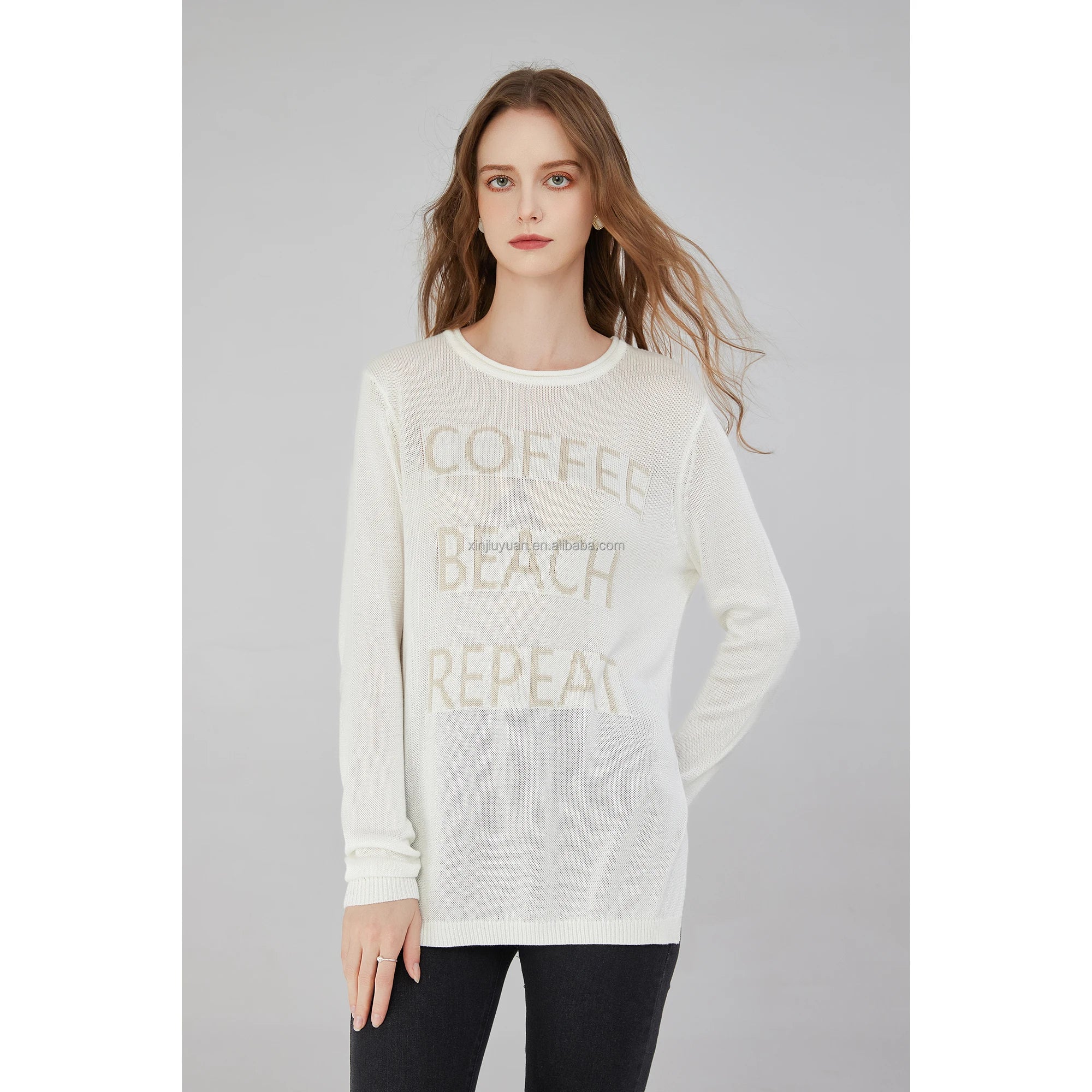 100% Viscose Knitted Sweater Women Long Sleeve Crewneck Typography Jacquard Mesh Knit Jumper Summer Beach Top Blank Apparel