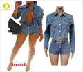Fall  Female Stretch Washed Denim Two Pice Shorts Set Summer Women Clothes Jacket and  Denim Skirt Set