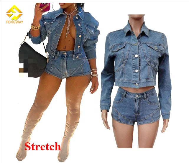 Fall  Female Stretch Washed Denim Two Pice Shorts Set Summer Women Clothes Jacket and  Denim Skirt Set