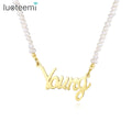 SP-LAM Women Dainty Stainless Steel Gold Letter Fashion Trendy Charm Pendant Jewelry Freshwater Pearl Necklace for Woman