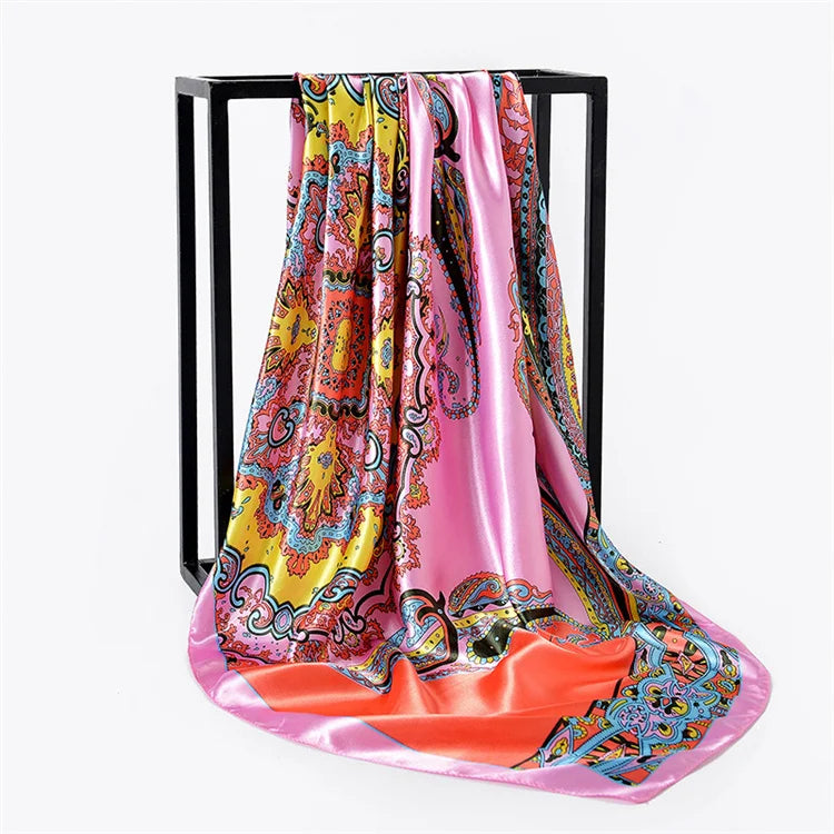 2022 Square 90x90cm Cashew Floral Print Headscarf Custom Design Satin Turkey Maldives Women Muslim Scarves Hijab