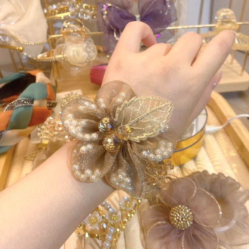 Sunflower Organza Large Ponytail Elastic Hair Bands Women Hair Ties Headwear Accessories Elegant Rhinestone Scrunchies