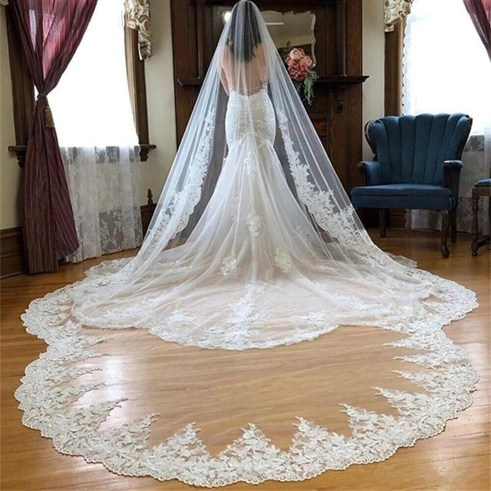 New Bridal Church Train Wedding Veil Ivory Lace Edge One-Layer Embroidery Tulle 300-700cm Wedding Party Long Style