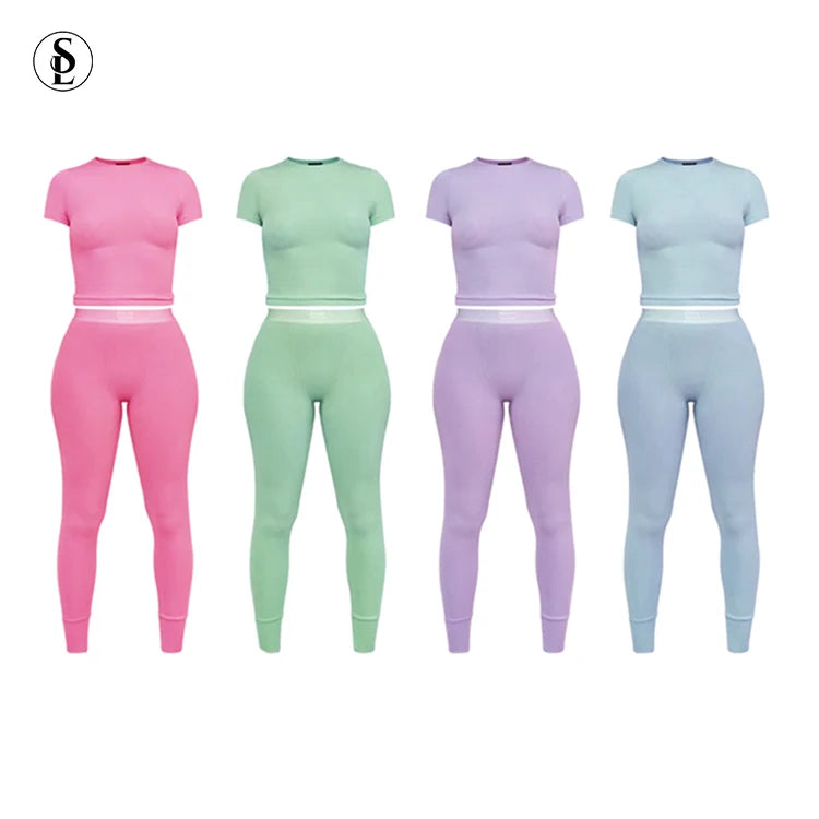 Women Custom Plus Size Cotton Kardashian Short Sleeve With Legging Pink Loungewear Women 2 Two Piece Sets