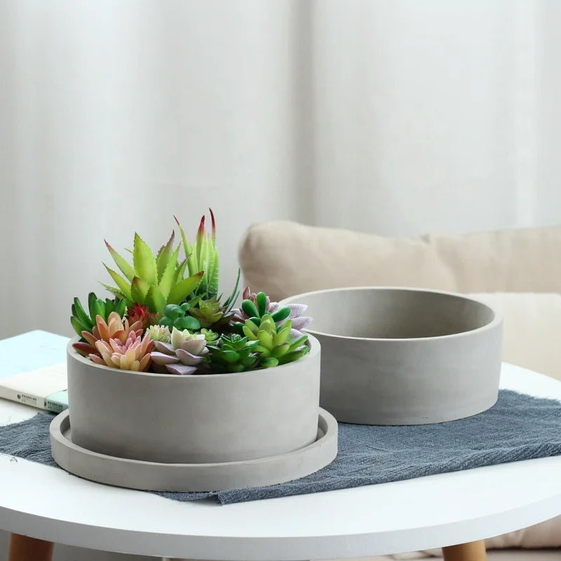 Modern Vintage Design Eco-Friendly Cement Flower Pot with Drainage Hole and Saucer for Indoor/Outdoor Home & Garden Use